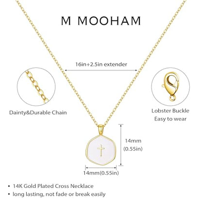 M MOOHAM Enamel Mini Cross Necklace for Women Girl, 14K Gold Plated Jewelry - color: white cross-cable chain