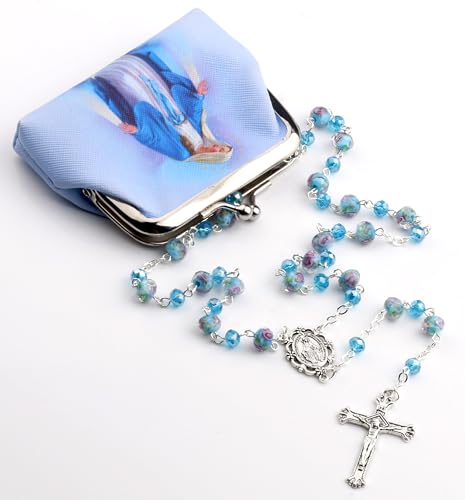 Murano Glass Rose Beads Catholic Virgin Mary Rosary Necklace Women - color: Lake Blue