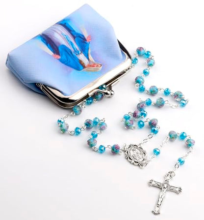 Murano Glass Rose Beads Catholic Virgin Mary Rosary Necklace Women - color: Lake Blue