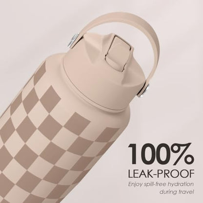 SANDJEST Checkerboard Water Bottle 32oz Stainless Steel with Lid & Straw, Beige Checker Insulated Bottles for Women Girls, Gift Idea for Christmas Birthday - color: Checker