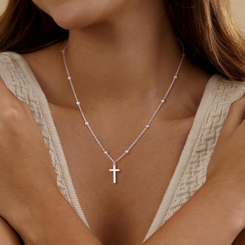 Cross Necklace for Women, Dainty 14K Gold Plated Cross Pendant Simple Long Necklaces for Women, Christian Faith Necklace Trendy Gold Jewelry Gifts for Easter - color: silver bead cross necklace