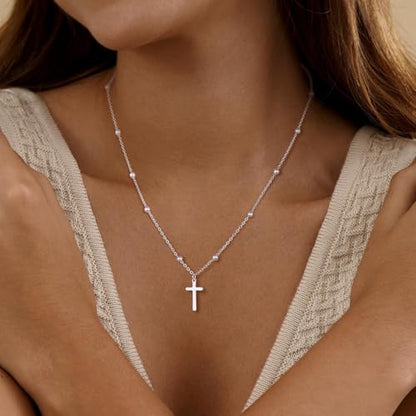 Cross Necklace for Women, Dainty 14K Gold Plated Cross Pendant Simple Long Necklaces for Women, Christian Faith Necklace Trendy Gold Jewelry Gifts for Easter - color: silver bead cross necklace