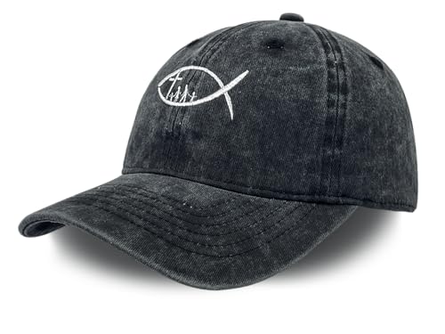 Cross Embroidered Hat for Men Women Dad Trucker Baseball Cap Adjustable - color: Fish Cross Black
