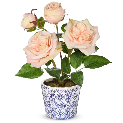 Hollyone Light Pink Real Touch Roses Artificial Flowers in Vase Blue and White Porcelain Ceramic Pot 13.4" Fake Roses Flower Arrangement Artificial Plants & Flowers Potted Plant Faux Silk Rose Flower - color: Rose 3 - Light Pink (13.4inch)