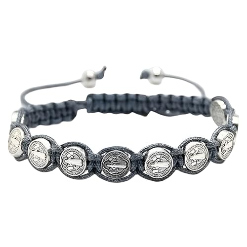 925 Sterling Silver San Benito Bracelet For Women And Men, Catholic Multicolor Bracelet St. Benedict Medal Hand Knitted Knot Coin Beaded Adjustable Religious Prayer Faith - color: Grey - San Benito Bracelet