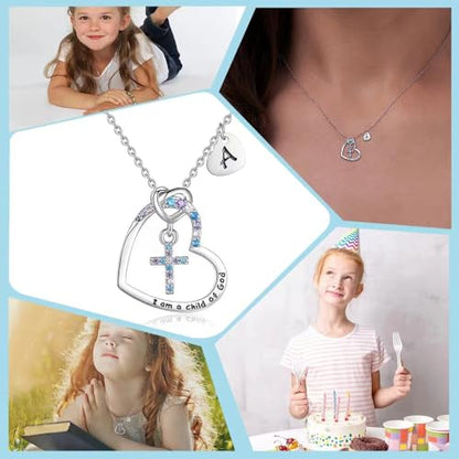 Cross Necklace for Girls | I am a child of God Necklace for Girls | Heart Letter initial | 18K White Gold Plated Pendant Jewelry First Communion Baptism Gifts Christmas Birthday Gifts for Girl Women - color: R