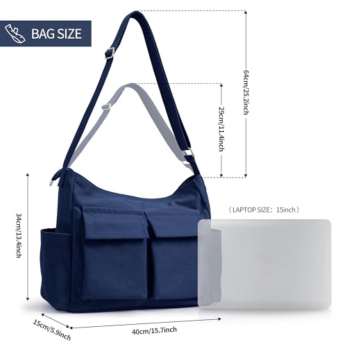 KALIDI Canvas Tote Bag Zipper Large Crossbody Shoulder Bag Messenger Bag - color: Upgraded Deep Blue