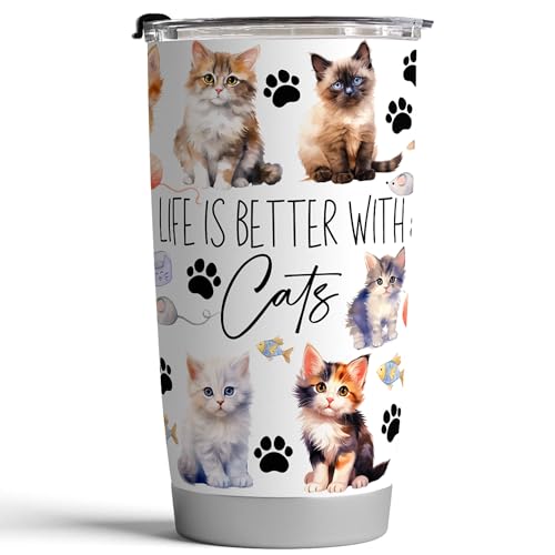 Fancyfams Cat Coffee Tumbler, 1-Pack 20oz Stainless Steel, Vacuum Insulated - color: Better with Cats