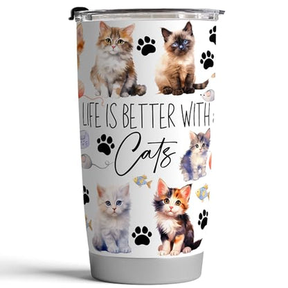 Fancyfams Cat Coffee Tumbler, 1-Pack 20oz Stainless Steel, Vacuum Insulated - color: Better with Cats