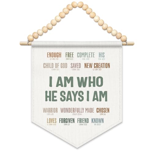 FLVGE Bible Verses Christian Decor, I Am Who He Says I am Canvas Banner, Boho Wood Beads Inspirational Scripture Bible Verse Wall Art Decor Hanging Pennant Flag for Home Office,11x14 - color: 04- Bible(Christian Office Decor 02)