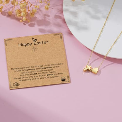 Baptism Gifts for Girls, 14K Gold Plated Heart Cross Necklace for Daughter Granddaughter Niece Sister Confirmation First Communion Christian Religious Gifts 16+3 Inches - style: Easter Heart Cross Necklace