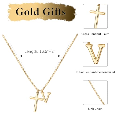 Cross Initial Necklace for Women, 14K Gold Plated Dainty Cross & Letter(A-Z) Pendant Necklace, Personalized Monogram Letter Christian Jewelry,Baptism First Communion Confirmation Easter Gift - color: V