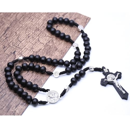 SZQCZB Wooden Rosary Beads Catholic for Men, Saint Benedict Medal and Cross - Comes in Gift Pouch and 18pcs Prayer Cards - color: Black