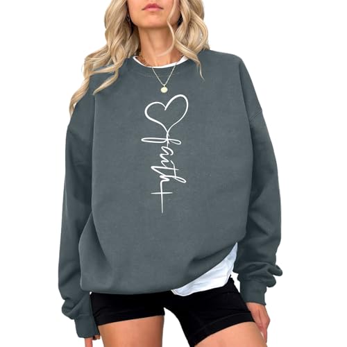 KIEKIECOO Faith Christian Sweatshirts for Women Religious Crewneck Sweatshirt Letter Print Fall Pullover Long Sleeve Tops - color: Deep Gray, size: Large