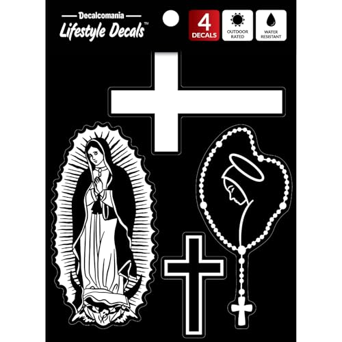 Religious Decals for Car Truck Tablet Tumbler Cell Phone - Set of 4 Black & White Mary Rosary, Lady of Guadalupe, Christian Cross - style: Religious Group