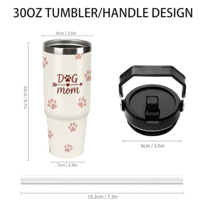 30 oz Dog Travel Mug with Handle and Straw, Cute Dog Mom Paw Pattern Stainless Steel Vacuum Insulated Tumbler, Water Bottle, Funny Dog Lover Gifts for Women - color: dog travel mug