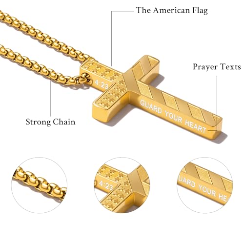 Cross Necklace for Men Black Gold Silver American Flag Pendant Chain Bible Verse Stainless Steel Necklaces Mens Stocking Stuffers for Christmas Christian Gifts - color: gold, style: 3:16-