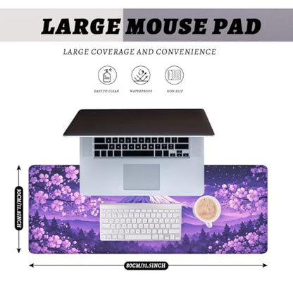 Cherry Blossoms Mouse Pad Mount Fuji Purple Sky Extended Mousepad Waterproof Stitched Edges Rubber Base Non-Slip Deskmap Computer Keyboard Mat 31.5x11.8 Inch - color: Cherry Blossoms, size: 31.5" x 11.8"