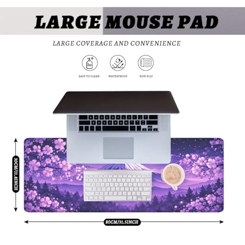 Cherry Blossoms Mouse Pad Mount Fuji Purple Sky Extended Mousepad Waterproof Stitched Edges Rubber Base Non-Slip Deskmap Computer Keyboard Mat 31.5x11.8 Inch - color: Cherry Blossoms, size: 31.5" x 11.8"
