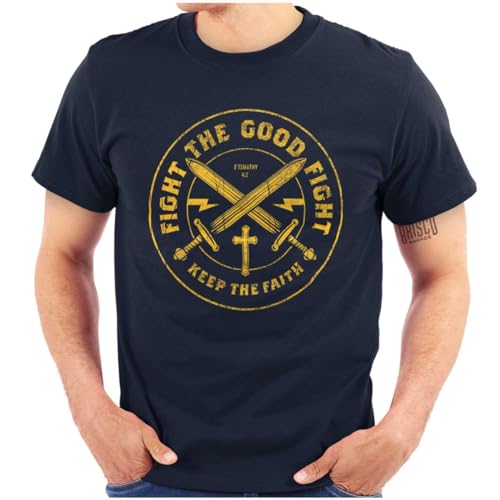 Keep The Faith Christian Graphic T Shirt | Religious Men’s Bible Verse Scripture Tee with Cross and Swords - color: Navy, size: Large