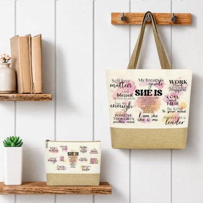 jeilink Inspirational Religious Gifts Boss Mom Birthday Christmas Tote Bag Canvas Reusable Grocery Beach Tote Black Pink - color: Self Care Positive 1747