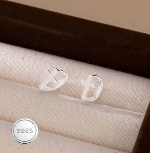 Reffeer Solid 925 Sterling Silver Cross Hoop Earrings for Women Teen Girls Small Cross Huggie Earrings Cartilage Helix - color: A-Silver