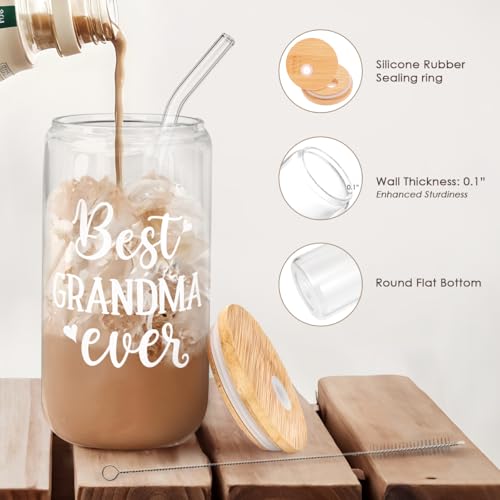 SANDJEST Grandma 16 Oz Can Glass Tumbler with Bamboo Lid and Straw - Iced Coffee Cups for Women, Aesthetic Glass Cup Gift for Grandmother Nana Birthday Christmas Mother's Day - color: Grandma