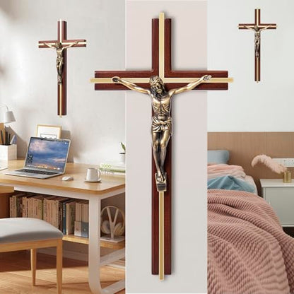 ACHIBANG Crucifix Wall Cross, 10 Inch Wooden Catholic Jesus Home Decor - color: Brown + Antique Brass