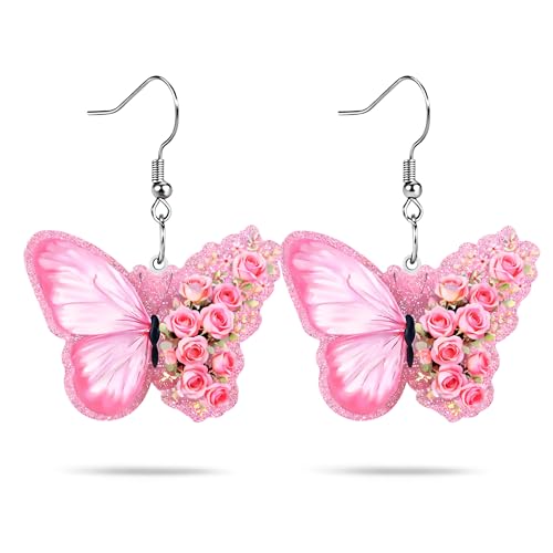 Christian Statement Earrings for Women, Acrylic Dangle Earrings, Lightweight Comfortable, Non Tarnish Hooks, Faith Jewelry, Religious Gift for Women - color: Pink Butterfly Flower