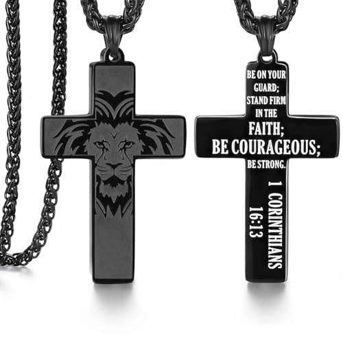 SAM & LORI Strength and Faith Gifts for Him-Masculine Cross Necklace-Bold Lion Head and Cross Design-Inspiring Message Engraved (18-24 inches) - style: 22"-24" Be on your guard; stand firm in the faith...be strong.