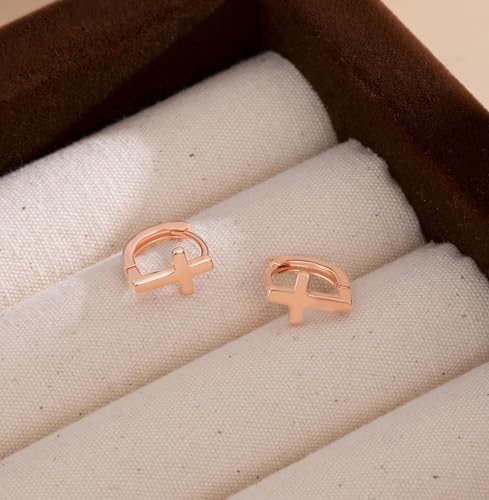 Reffeer Solid 925 Sterling Silver Cross Hoop Earrings for Women Teen Girls Small Cross Huggie Earrings Cartilage Helix - color: C-Rose Color