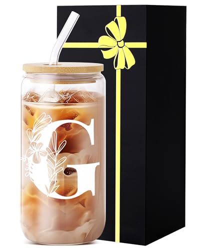 Monogrammed Glass Drinking Cup With Lid Straw Mother's Day Gifts Personalized Coffee Cup Regalos Para Mujer Teen Girl Gifts Trendy Stuff Iced Glass Tumbler Must Haves For Women Apartment Essentials - style: Initial G