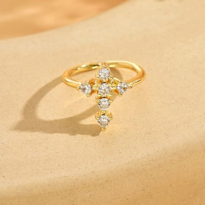 18K Gold Plated Cubic Zirconia Adjustable Open Rings for Women - color: Cross CZ