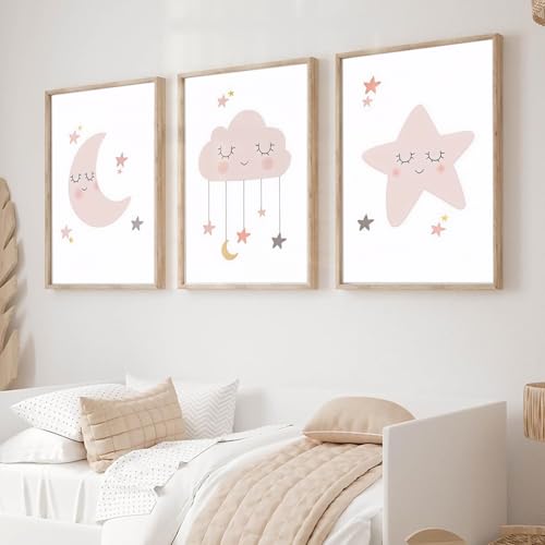 Moon Star Cloud Canvas Wall Art Poster Pink Girls Watercolors Art Print Poster Baby Nursery Painting Pictures Kids Room Decor 12x16 Inch No Framed - color: Pink Nursery Art Prints, size: 12x16 Inch