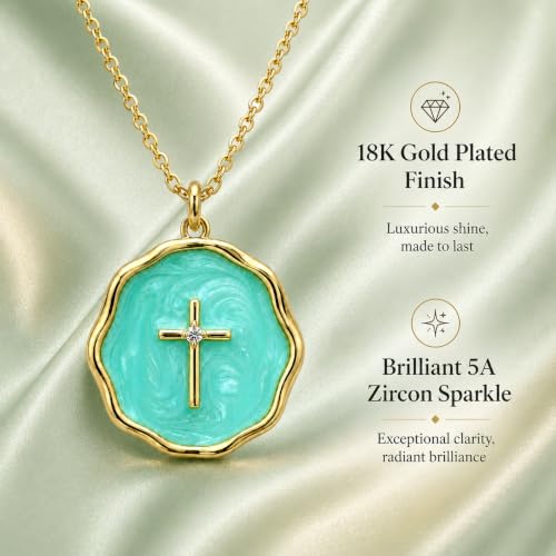 Enamel Cross Necklace for Women 18K Gold Plated Christian Pendant - color: Green