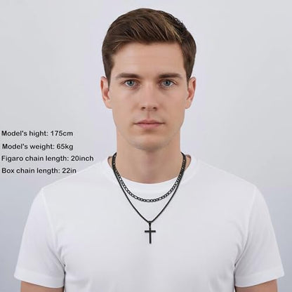 Fiusem 2 Pcs Cross Necklace Chain for Men, Stainless Steel Pendant - color: Black, size: 20/22 Inches