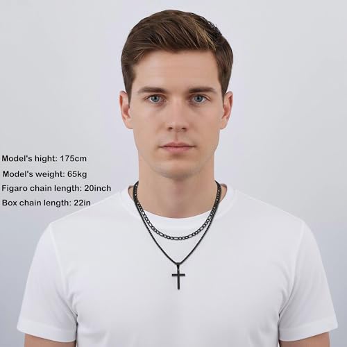 Fiusem 2 Pcs Cross Necklace Chain for Men, Stainless Steel Pendant - color: Black, size: 18 /20 Inches