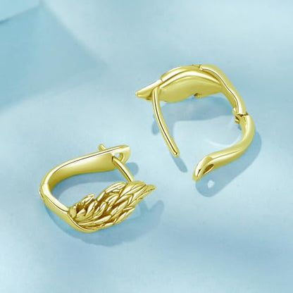 Turquoise Cross Hoop Earrings for Women 14K Gold Plated Infinity Angel Feather Pearl Turquoise Cross Star Hypoallergenic Post Christan Everyday Huggie Jewelry Gift - color: Gold Wings