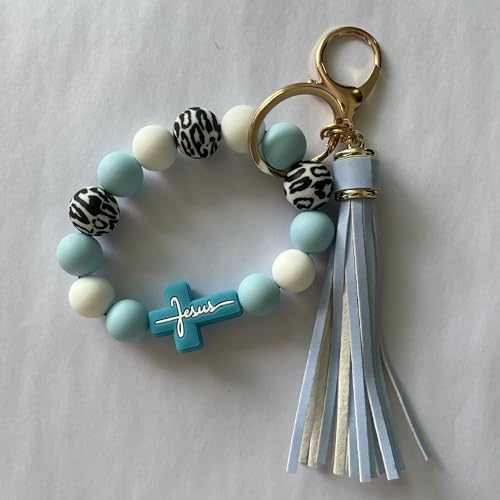 Silicone Beaded Jesus Cross Wristlet Keychain Leather Tassel,Key Ring Wrist Bangle,Key Chains Bracelet Women - color: Blue Cross