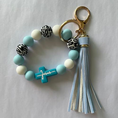 Silicone Beaded Jesus Cross Wristlet Keychain Leather Tassel,Key Ring Wrist Bangle,Key Chains Bracelet Women - color: Blue Cross
