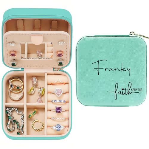 Personalized Jewelry Box with Name and Fatih, Custom Travel Small Jewelry Case Organizer Travel Essentials for Women, Bridesmaid - color: Faith and Name - Turquoise