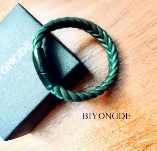 Handmade Braided Leather Bracelet, Black Stainless Steel Clasp, Mens, Cool Classic Stylish - color: Green