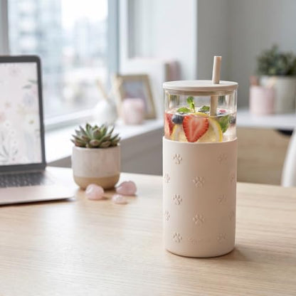 SANDJEST Glass Water Bottle with Silicone Sleeve 20oz, Glass Tumbler with Straw and Lid, Smoothie and Iced Coffee Cup, Pawprint Gifts for Women Teen Girls Birthday Christmas - color: Pawprint