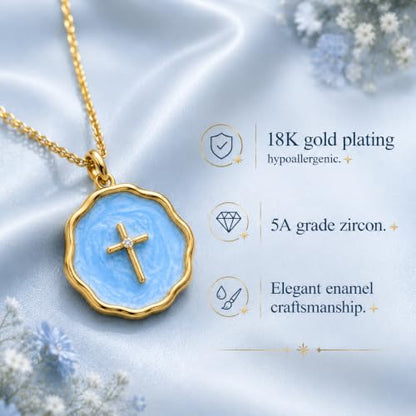 Enamel Cross Necklace for Women 18K Gold Plated Christian Pendant - color: Blue