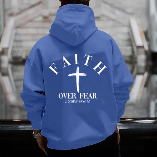 Men Faith Over Fear Christian Cross Graphic Pullover Hoodie - color: Blue, size: X-Large