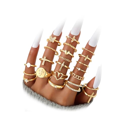 Gold Stackable Rings Set for Women, Gold Plated Chunky Crystal Finger Rings - color: Gold Heart