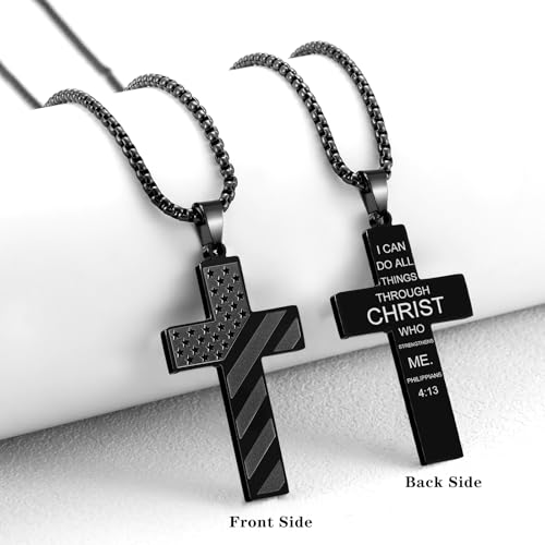 RWQIAN American Flag Cross Necklace for Men Bible Verse, Christian Religious Scriptures Faith Baptism 1st First Communion Pendant Chain for Boys, Fathers Dad Day Graduation Jewelry Gifts for Him - color: Black, style: Always Remember