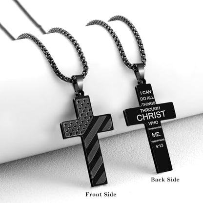 RWQIAN American Flag Cross Necklace for Men Bible Verse, Christian Religious Scriptures Faith Baptism 1st First Communion Pendant Chain for Boys, Fathers Dad Day Graduation Jewelry Gifts for Him - color: Black, style: John 3-16