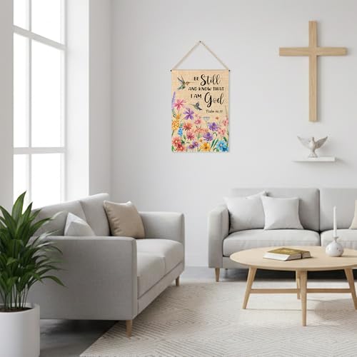 WATINC Christian Hummingbird Flower Garden Flag - 12 x 18 Inch Linen Religious Be Still and Know That I am God Yard Flag for Outside, Spring Summer Double Sided House Outdoor Decor for Porch Lawn