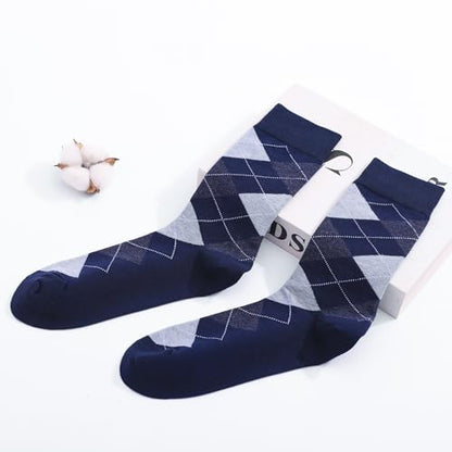 Men's Colorful Striped Dress Socks, 5-Pack Cotton, Sock Size 10-13 - color: Navy Pattern Mix